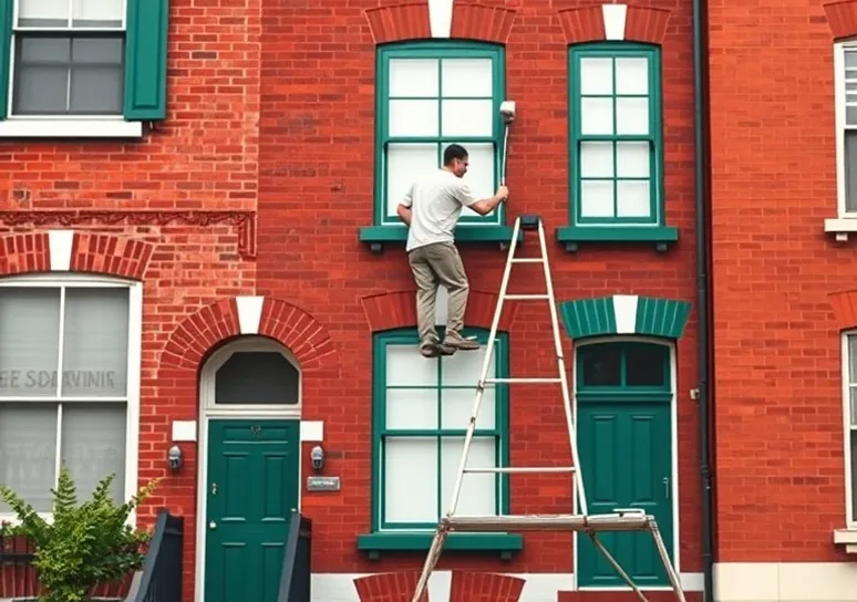 Peintre sur échafaudage traitant la façade d'une maison
